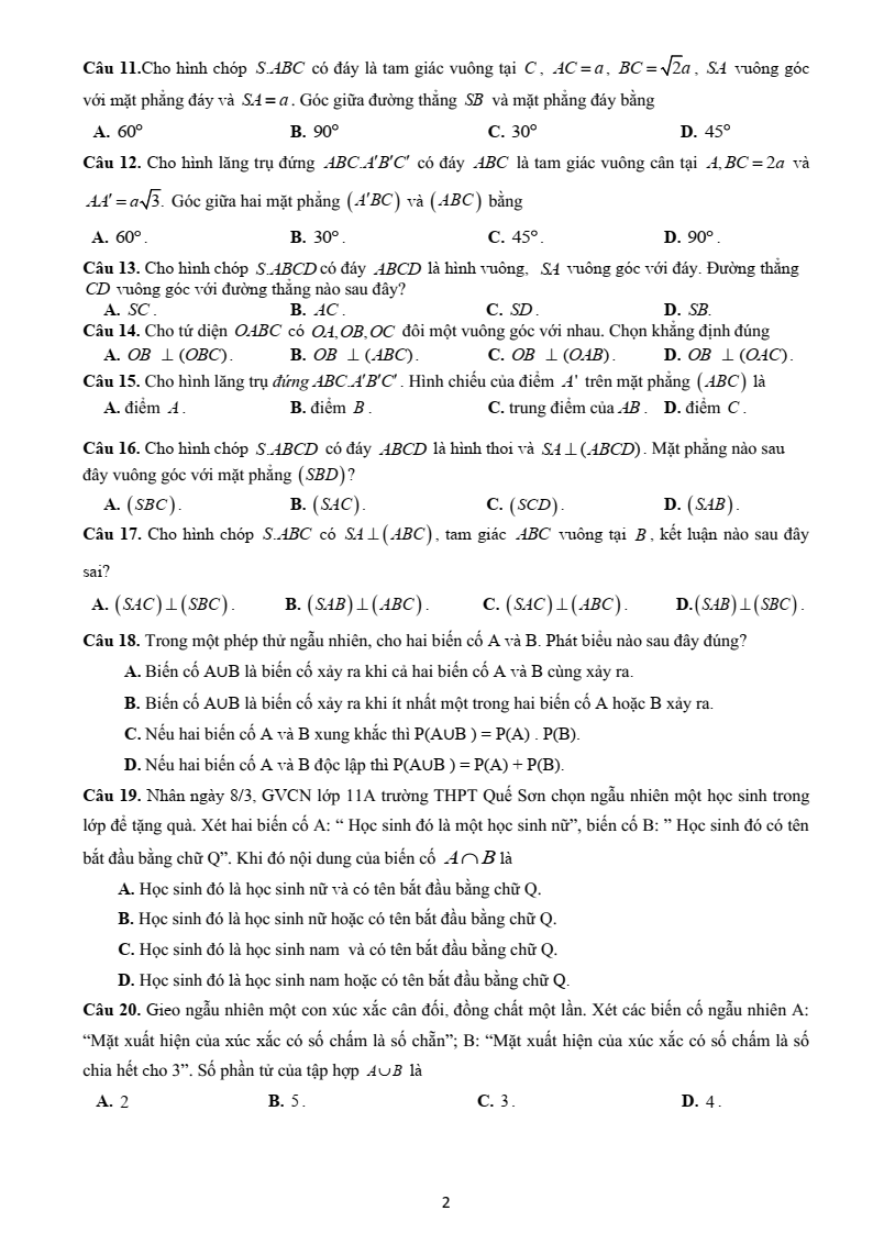 Đề cương ôn tập Học kì 2 Toán 11 trường THPT Quế Sơn (Đà Nẵng) năm 2025-2026