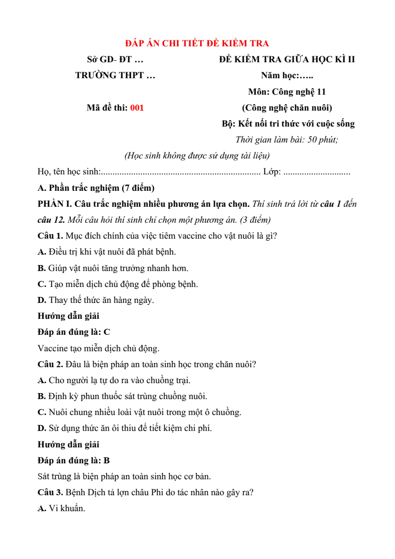 5 Đề thi Giữa kì 2 Công nghệ chăn nuôi 11 Kết nối tri thức (cấu trúc mới, có đáp án)
