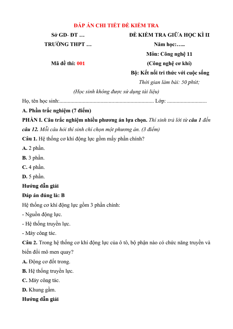 3 Đề thi Giữa kì 2 Công nghệ cơ khí 11 Kết nối tri thức (cấu trúc mới, có đáp án)