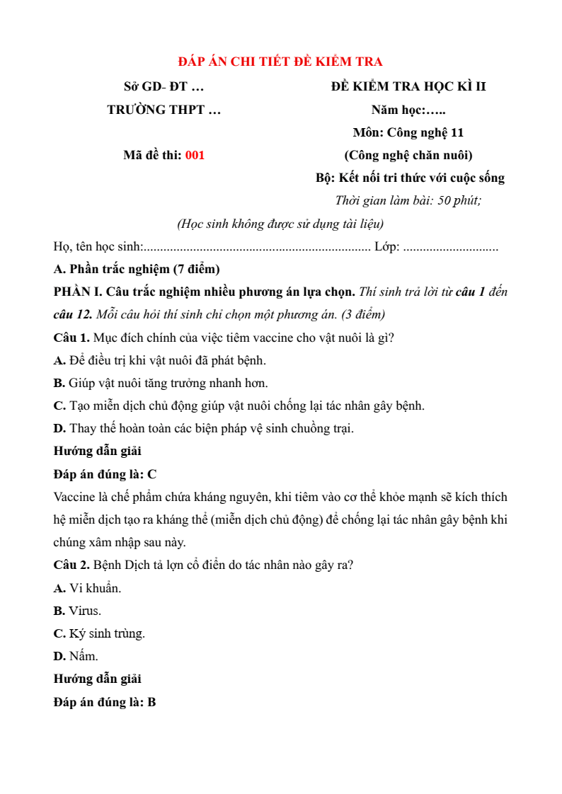 3 Đề thi Học kì 2 Công nghệ chăn nuôi 11 Kết nối tri thức (cấu trúc mới, có đáp án)