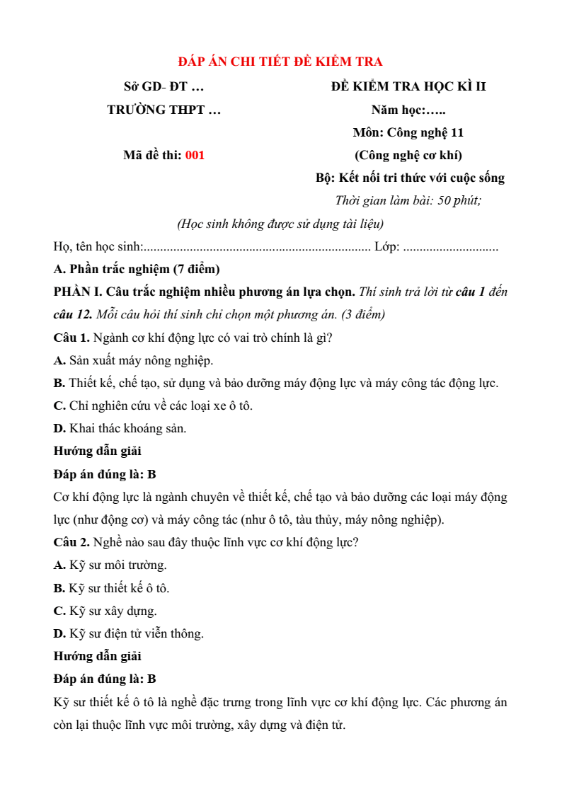 3 Đề thi Học kì 2 Công nghệ cơ khí 11 Kết nối tri thức (cấu trúc mới, có đáp án)