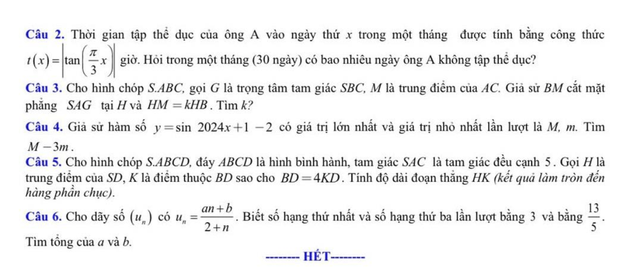 Đề thi Giữa kì 1 Toán 11 năm 2024-2025 trường THCS và THPT Nguyễn Bỉnh Khiêm (Hà Nội)