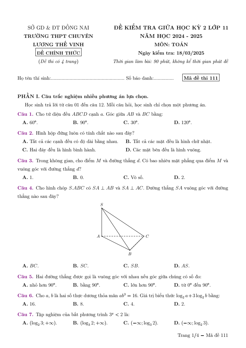 Đề thi Giữa kì 2 Toán 11 trường chuyên Lương Thế Vinh (Đồng Nai) năm 2024-2025