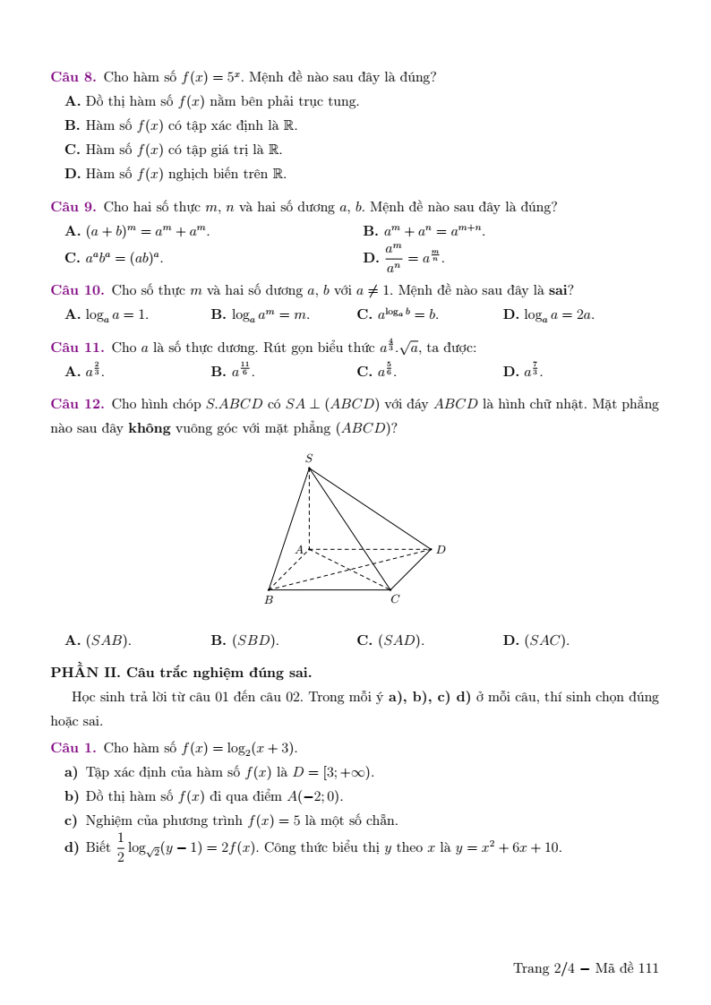 Đề thi Giữa kì 2 Toán 11 trường chuyên Lương Thế Vinh (Đồng Nai) năm 2024-2025