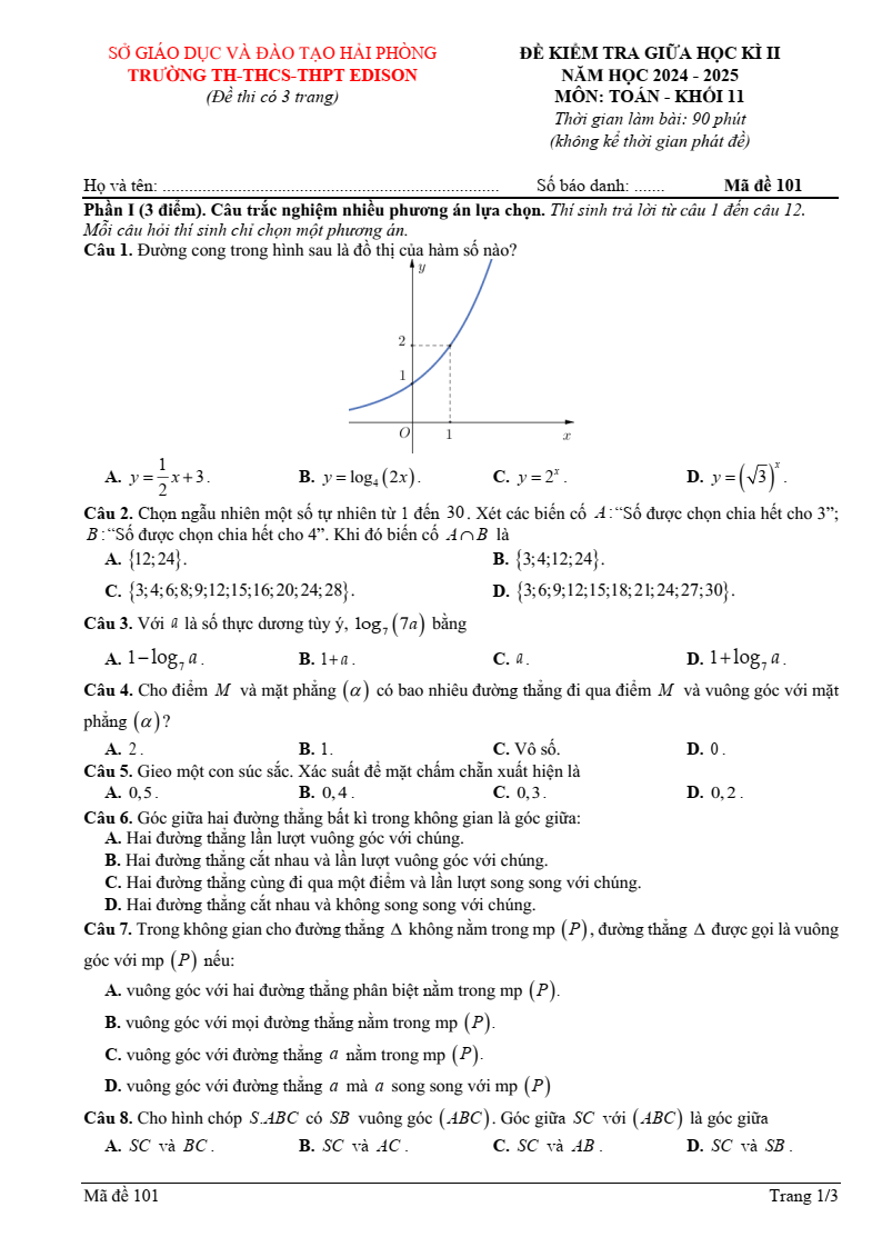 Đề thi Giữa kì 2 Toán 11 trường Edison (Hải Phòng) năm 2024-2025
