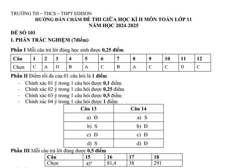 Đề thi Giữa kì 2 Toán 11 trường Edison (Hải Phòng) năm 2024-2025