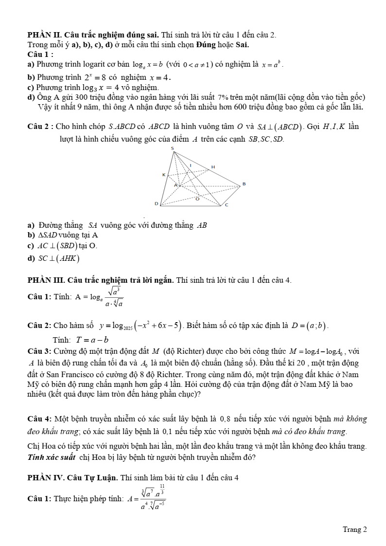 Đề thi Giữa kì 2 Toán 11 trường Hà Long (Long An) năm 2024-2025