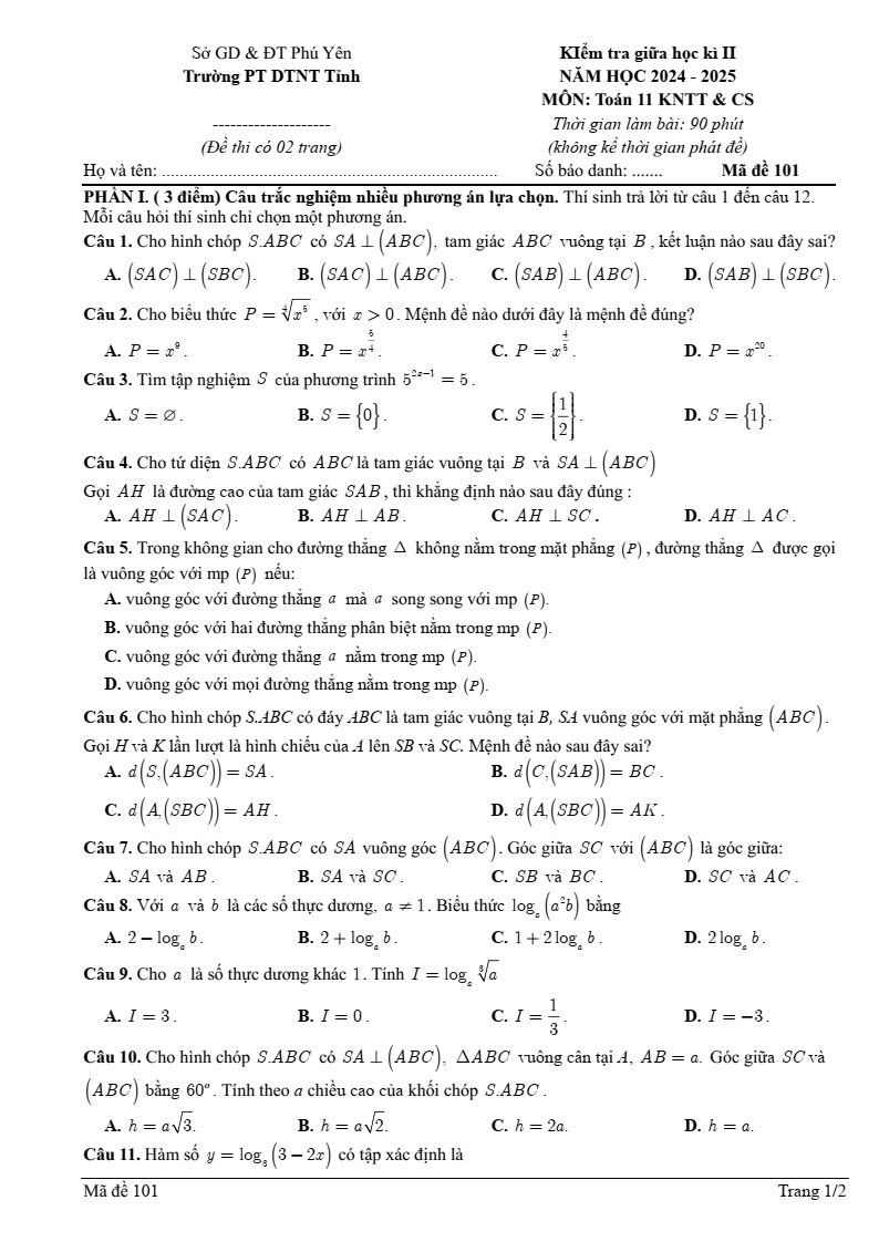 Đề thi Giữa kì 2 Toán 11 trường PT DTNT tỉnh Phú Yên năm 2024-2025