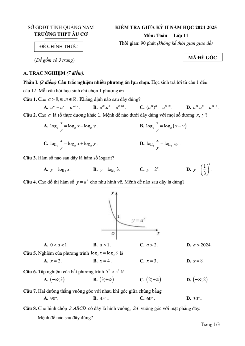Đề thi Giữa kì 2 Toán 11 trường THPT Âu Cơ (Quảng Nam) năm 2024-2025