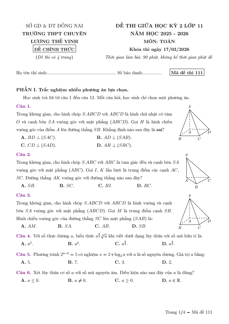 Đề thi Giữa kì 2 Toán 11 trường THPT Chuyên Lương Thế Vinh (Đồng Nai) năm 2025-2026