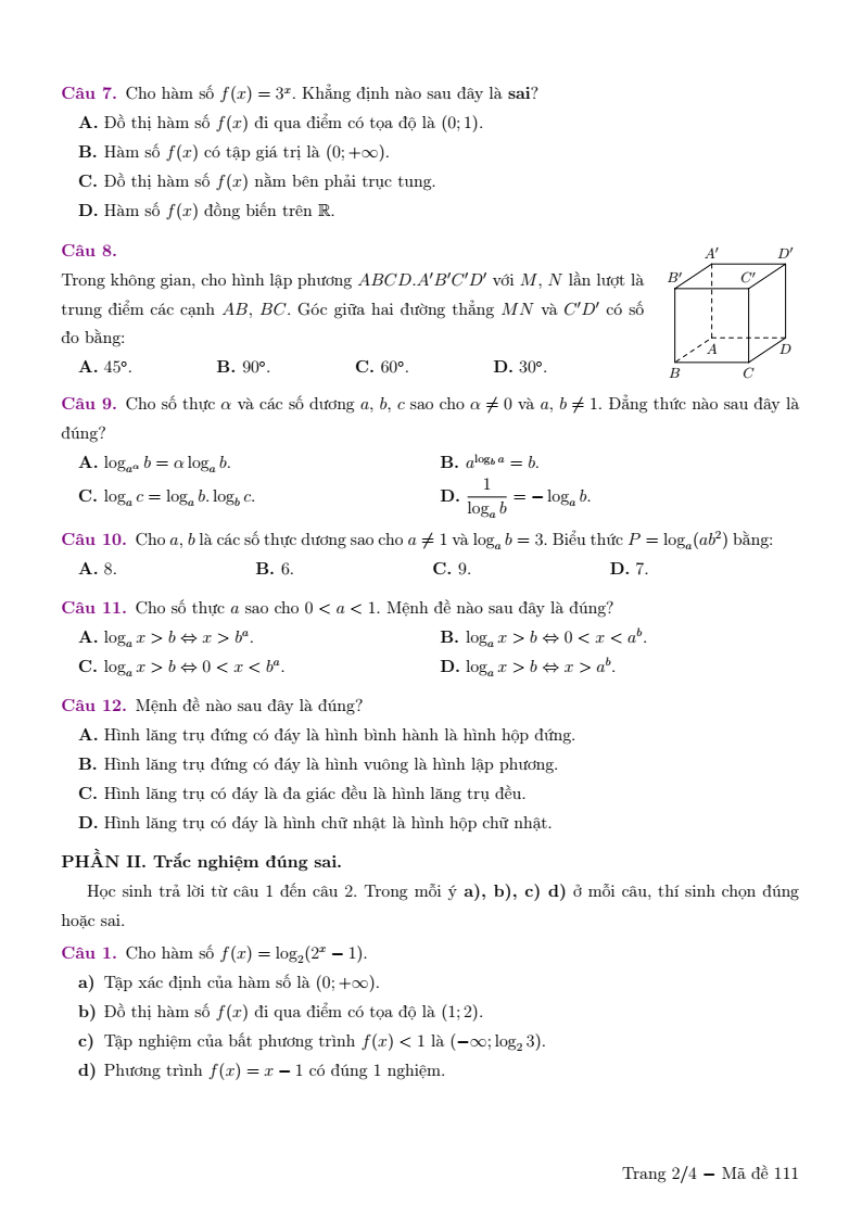 Đề thi Giữa kì 2 Toán 11 trường THPT Chuyên Lương Thế Vinh (Đồng Nai) năm 2025-2026