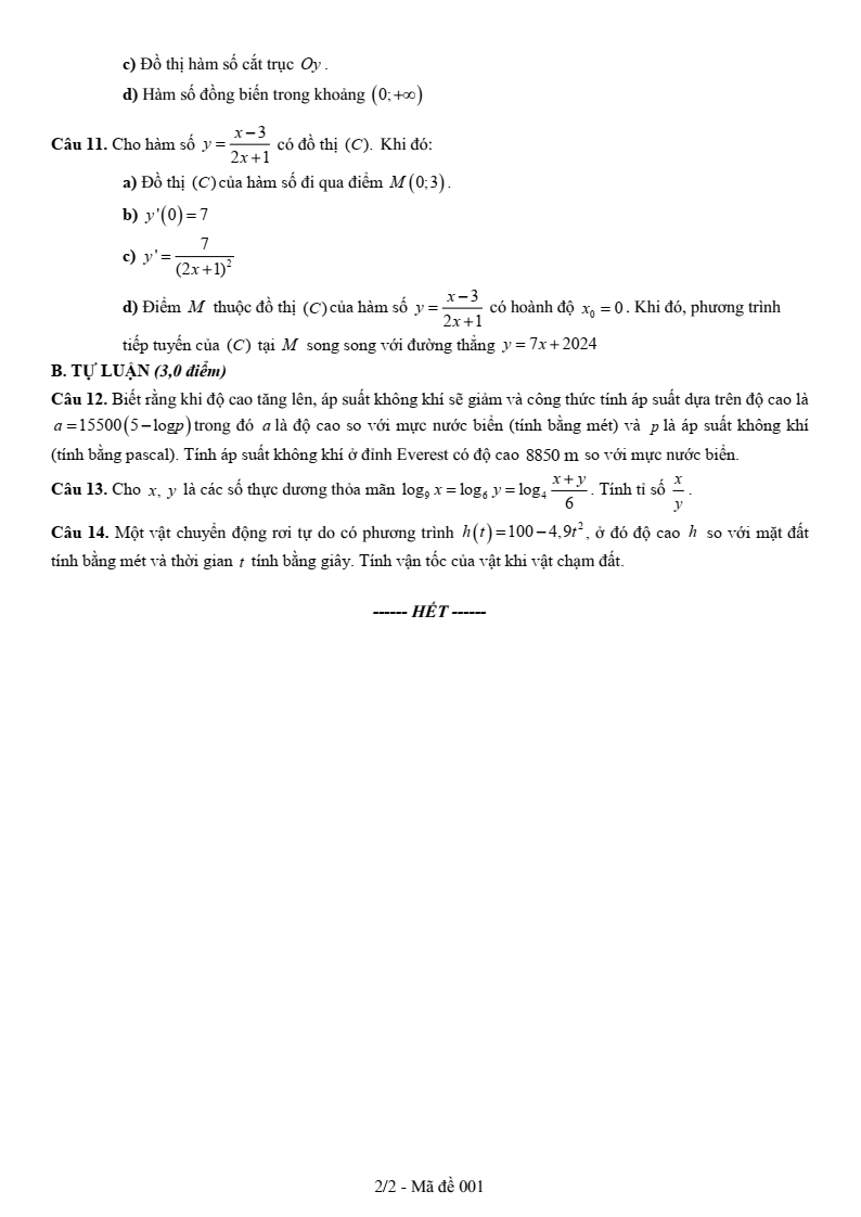 Đề thi Giữa kì 2 Toán 11 trường THPT chuyên Vị Thanh (Hậu Giang) năm 2024-2025