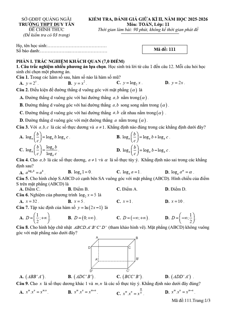 Đề thi Giữa kì 2 Toán 11 trường THPT Duy Tân (Quảng Ngãi) năm 2025-2026