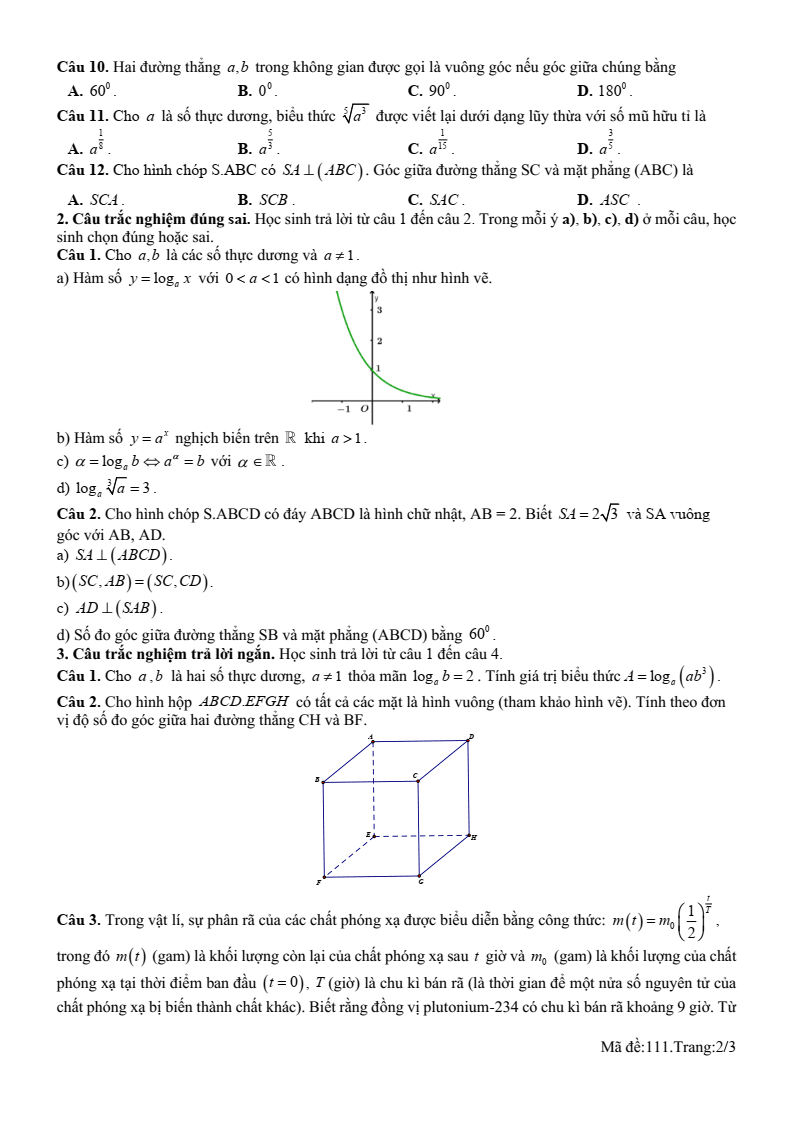 Đề thi Giữa kì 2 Toán 11 trường THPT Duy Tân (Quảng Ngãi) năm 2025-2026