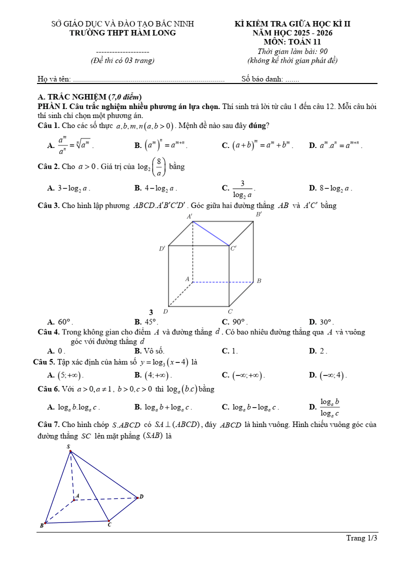 Đề thi Giữa kì 2 Toán 11 trường THPT Hàm Long (Bắc Ninh) năm 2025-2026