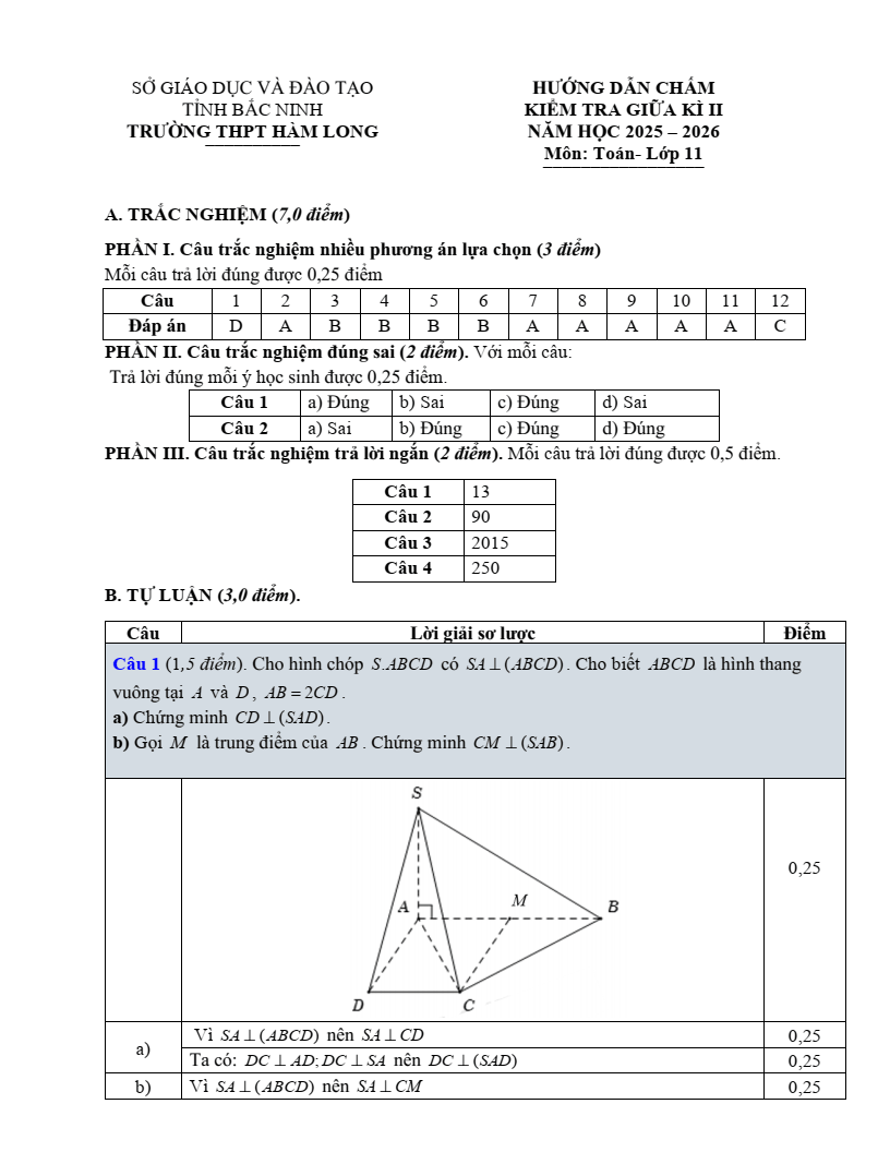 Đề thi Giữa kì 2 Toán 11 trường THPT Hàm Long (Bắc Ninh) năm 2025-2026