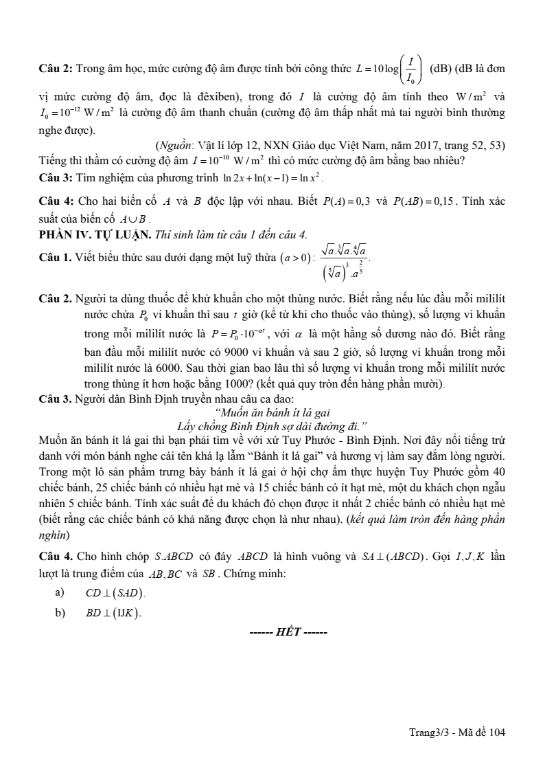 Đề thi Giữa kì 2 Toán 11 trường THPT Hậu Nghĩa (Long An) năm 2024-2025