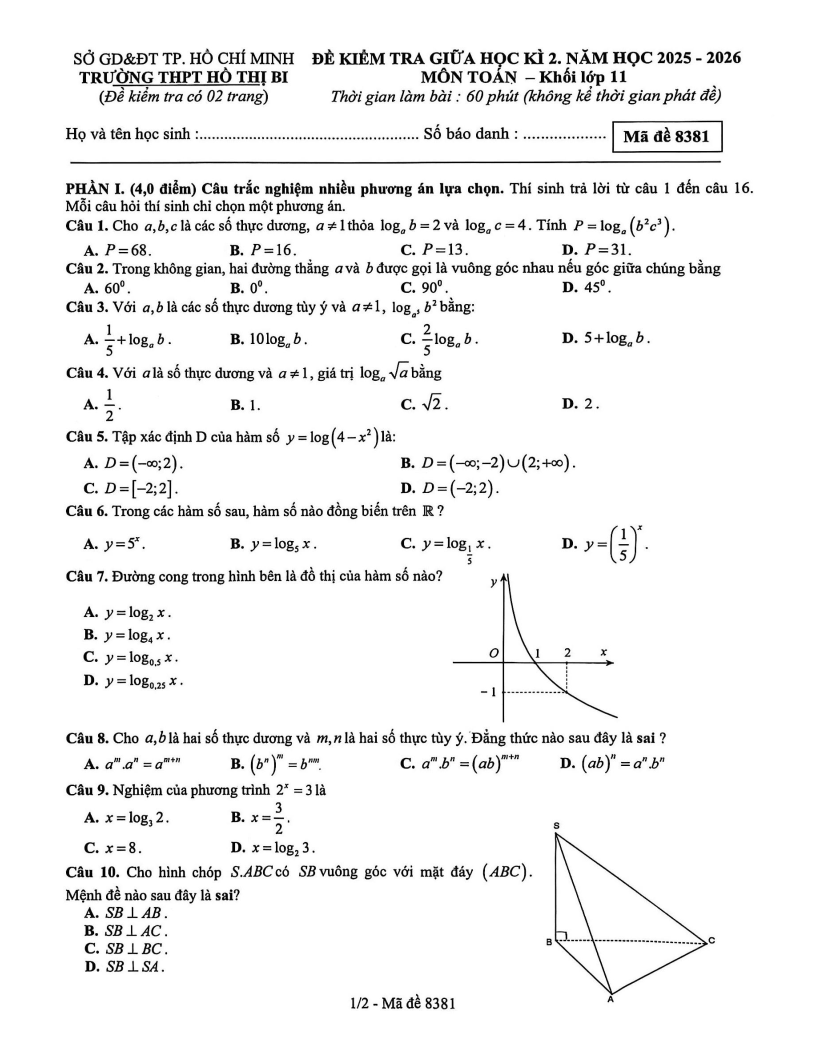 Đề thi Giữa kì 2 Toán 11 trường THPT Hồ Thị Bi (TP HCM) năm 2025-2026