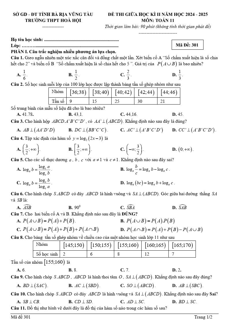 Đề thi Giữa kì 2 Toán 11 trường THPT Hòa Hội (Bà Rịa - Vũng Tàu) năm 2024-2025