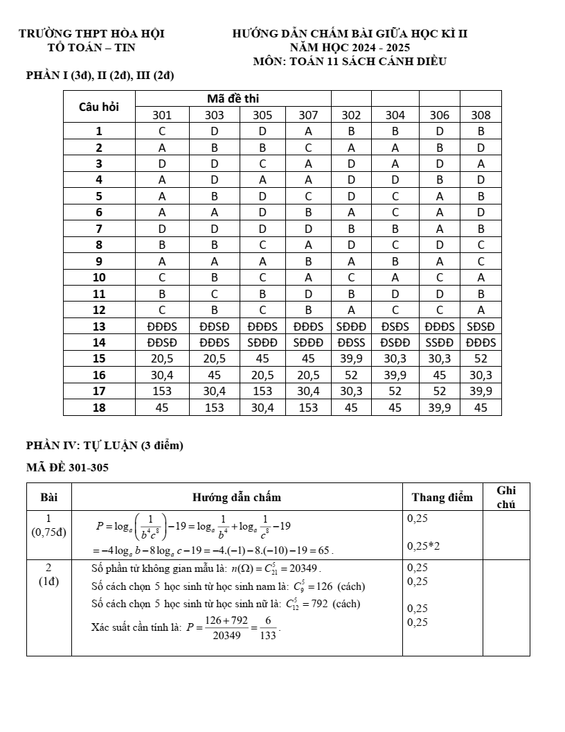 Đề thi Giữa kì 2 Toán 11 trường THPT Hòa Hội (Bà Rịa - Vũng Tàu) năm 2024-2025