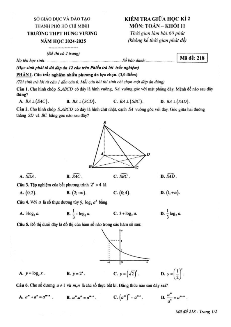 Đề thi Giữa kì 2 Toán 11 trường THPT Hùng Vương (Tp.HCM) năm 2024-2025