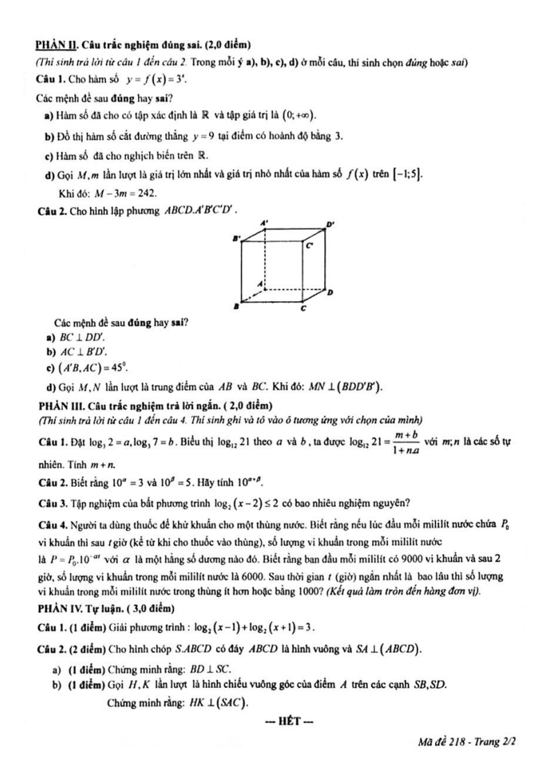 Đề thi Giữa kì 2 Toán 11 trường THPT Hùng Vương (Tp.HCM) năm 2024-2025
