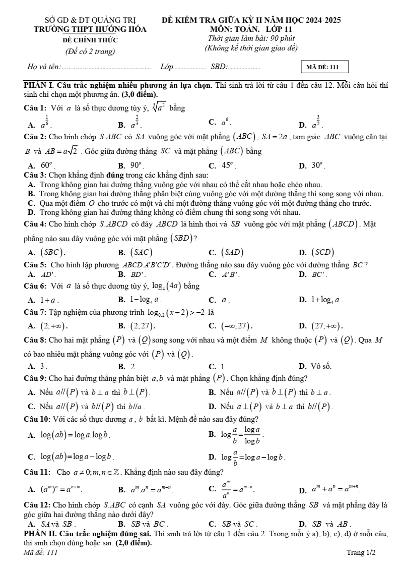 Đề thi Giữa kì 2 Toán 11 trường THPT Hướng Hóa (Quảng Trị) năm 2024-2025