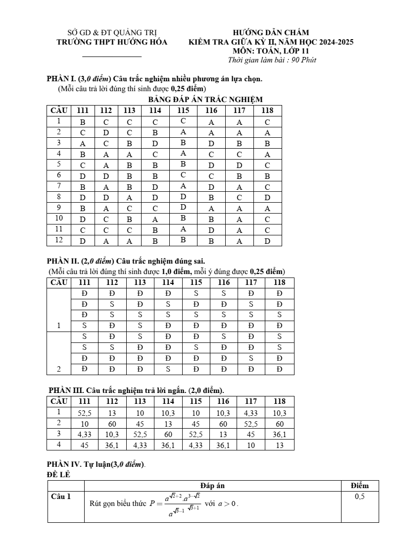 Đề thi Giữa kì 2 Toán 11 trường THPT Hướng Hóa (Quảng Trị) năm 2024-2025