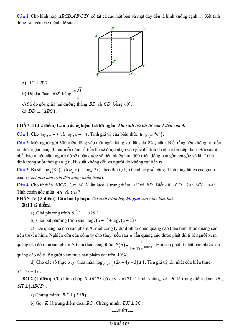 Đề thi Giữa kì 2 Toán 11 trường THPT Hoàng Văn Thụ (Hà Nội) năm 2024-2025
