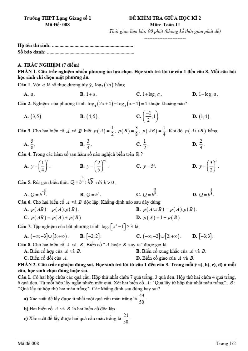Đề thi Giữa kì 2 Toán 11 trường THPT Lạng Giang 1 (Bắc Giang) năm 2024-2025