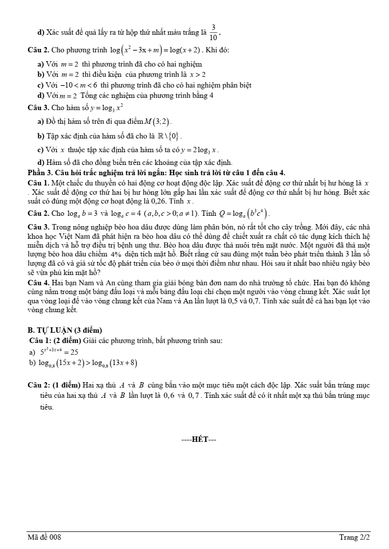 Đề thi Giữa kì 2 Toán 11 trường THPT Lạng Giang 1 (Bắc Giang) năm 2024-2025
