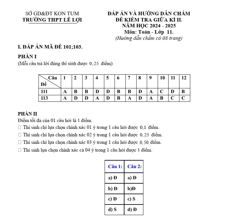 Đề thi Giữa kì 2 Toán 11 trường THPT Lê Lợi (Kon Tum) năm 2024-2025