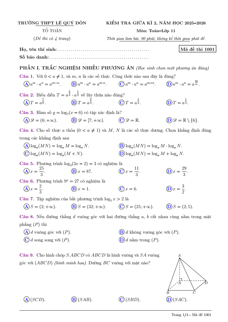 Đề thi Giữa kì 2 Toán 11 trường THPT Lê Quý Đôn (Quảng Ngãi) năm 2025-2026