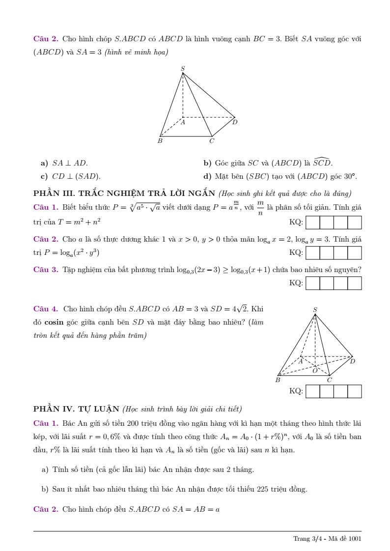 Đề thi Giữa kì 2 Toán 11 trường THPT Lê Quý Đôn (Quảng Ngãi) năm 2025-2026