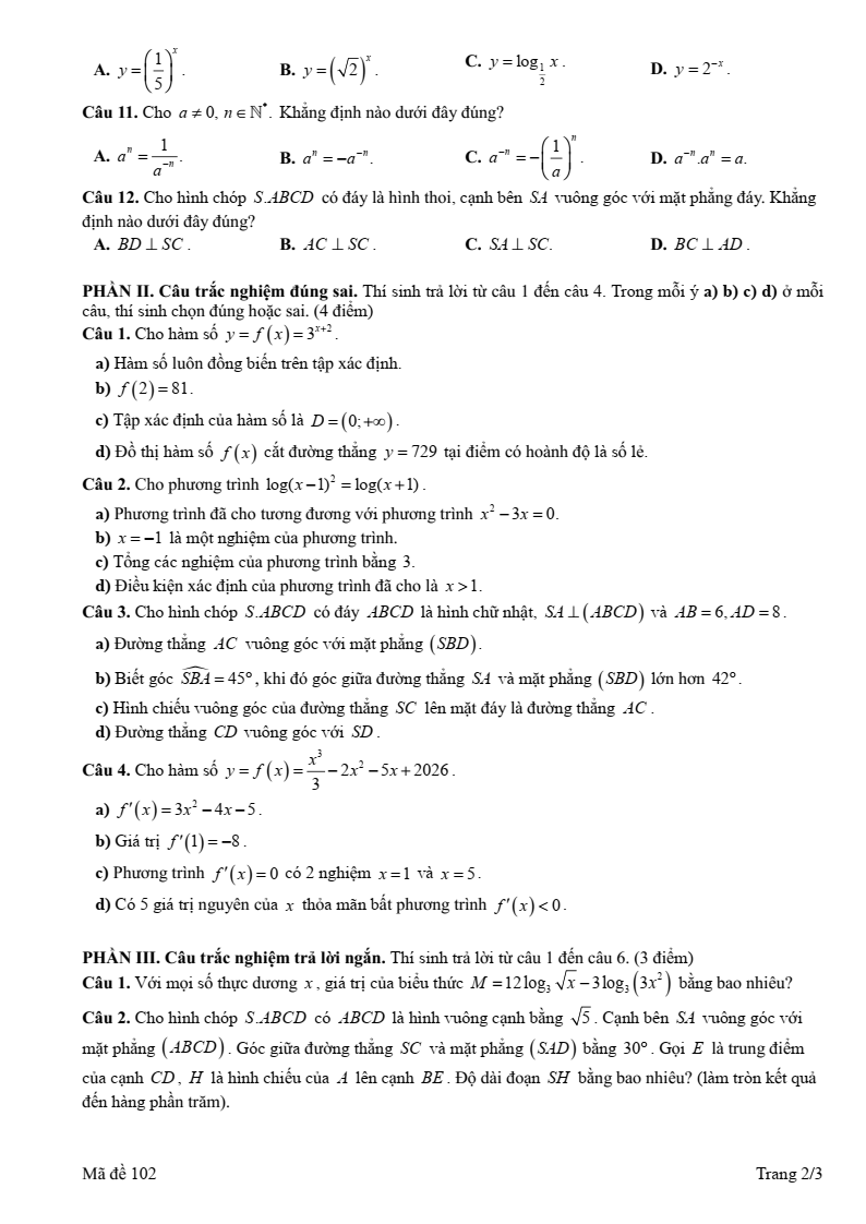 Đề thi Giữa kì 2 Toán 11 trường THPT Mạc Đĩnh Chi (Hải Phòng) năm 2025-2026