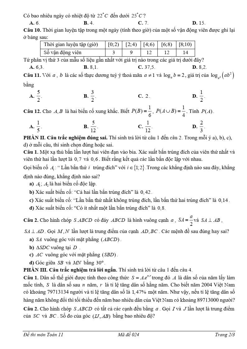 Đề thi Giữa kì 2 Toán 11 trường THPT Minh Hà (Hà Nội) năm 2024-2025