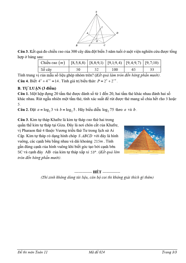 Đề thi Giữa kì 2 Toán 11 trường THPT Minh Hà (Hà Nội) năm 2024-2025