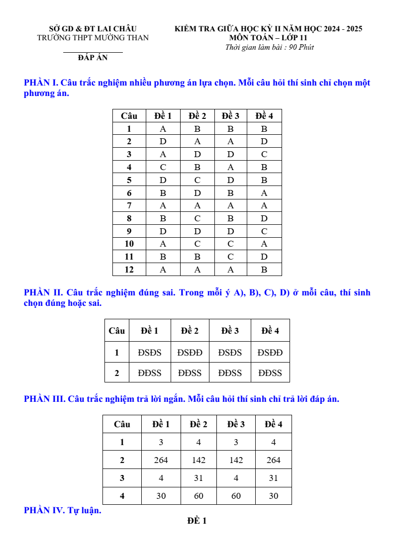 Đề thi Giữa kì 2 Toán 11 trường THPT Mường Than (Lai Châu) năm 2024-2025