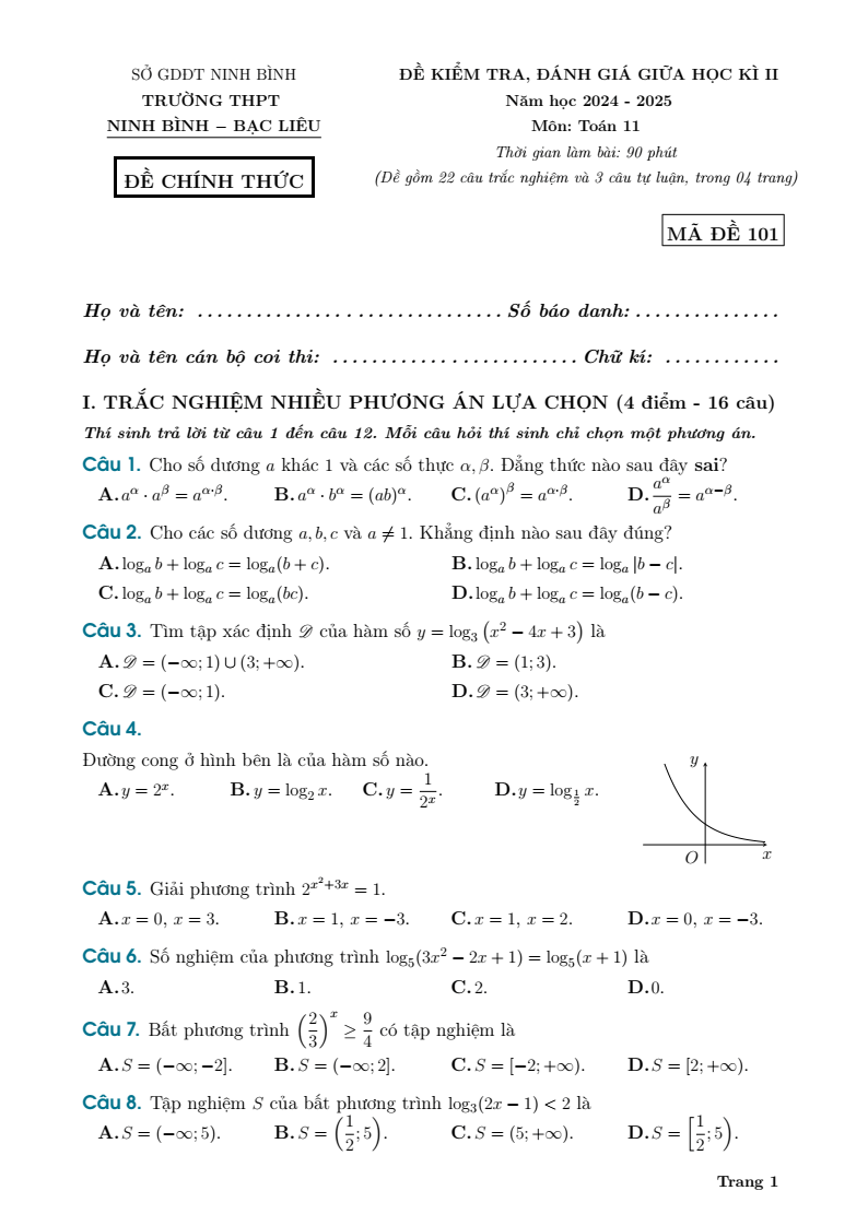Đề thi Giữa kì 2 Toán 11 trường THPT Ninh Bình - Bạc Liêu (Ninh Bình) năm 2024-2025