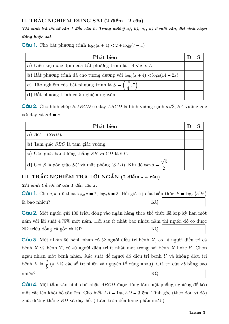 Đề thi Giữa kì 2 Toán 11 trường THPT Ninh Bình - Bạc Liêu (Ninh Bình) năm 2024-2025