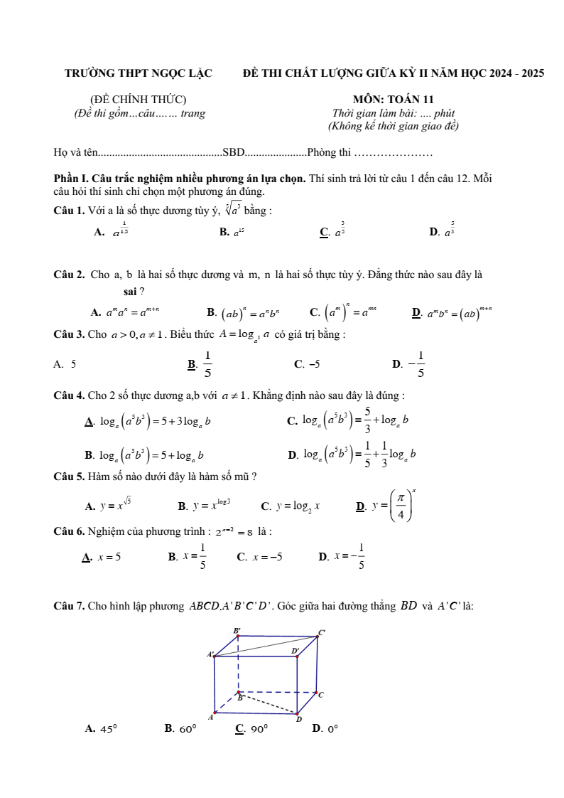 Đề thi Giữa kì 2 Toán 11 trường THPT Ngọc Lặc (Thanh Hóa) năm 2024-2025