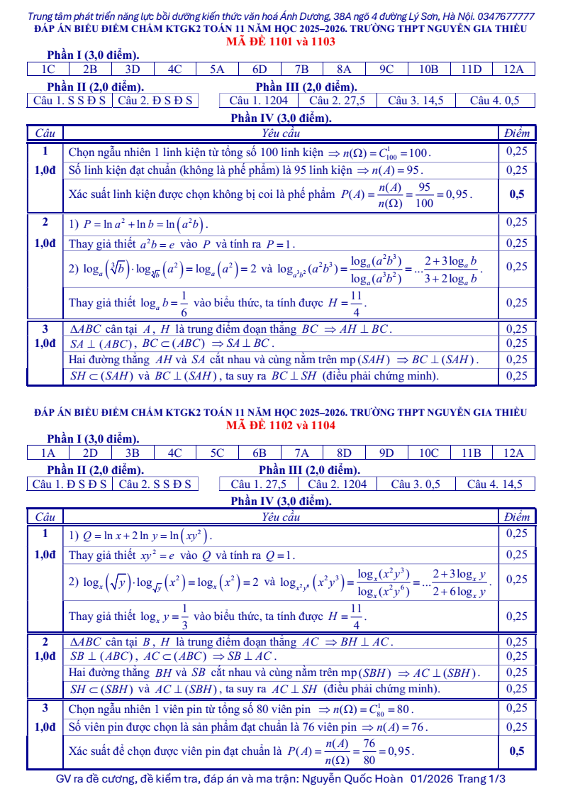 Đề thi Giữa kì 2 Toán 11 trường THPT Nguyễn Gia Thiều (Hà Nội) năm 2025-2026