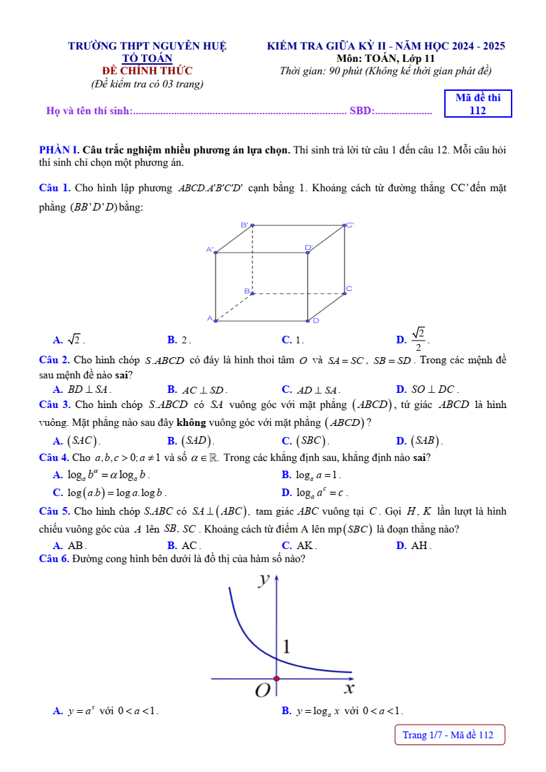 Đề thi Giữa kì 2 Toán 11 trường THPT Nguyễn Huệ (Huế) năm 2024-2025