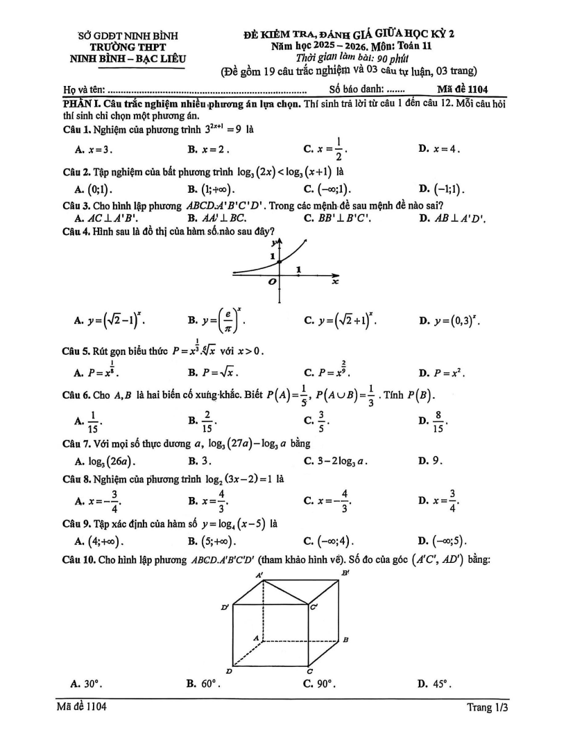 Đề thi Giữa kì 2 Toán 11 trường THPT Ninh Bình - Bạc Liêu (Ninh Bình) năm 2025-2026