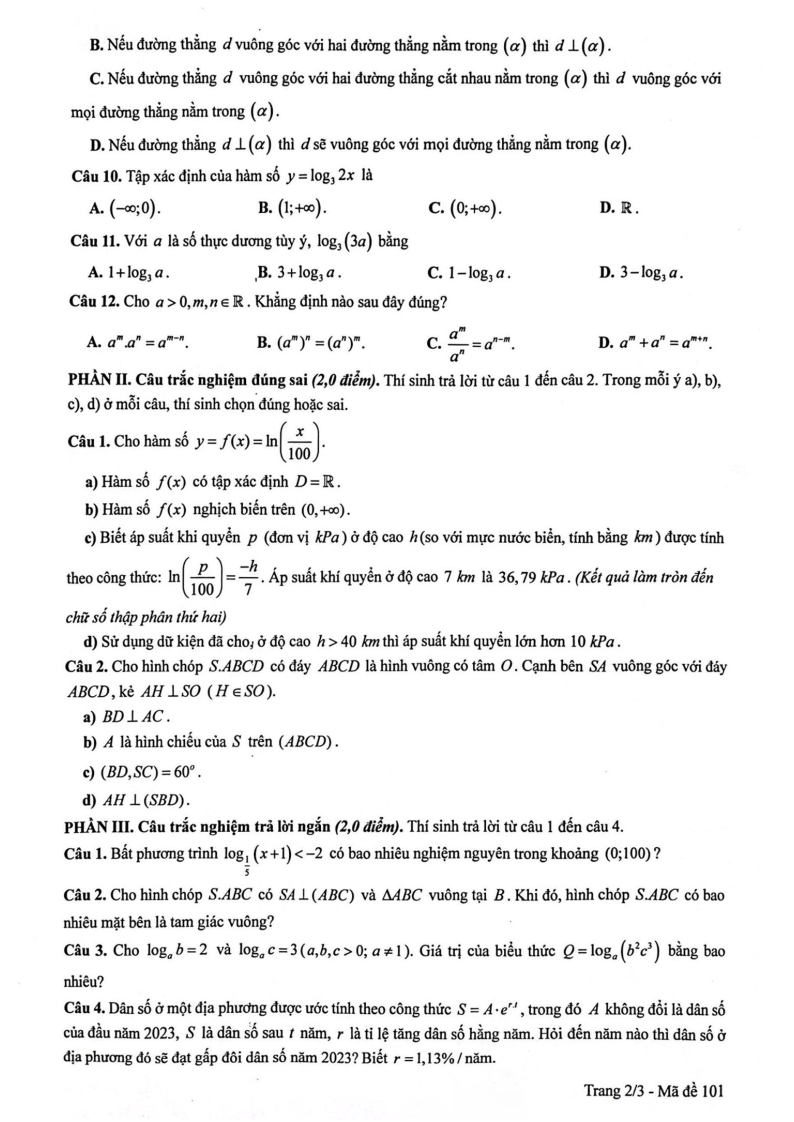 Đề thi Giữa kì 2 Toán 11 trường THPT Nguyễn Quốc Trinh (Hà Nội) năm 2024-2025