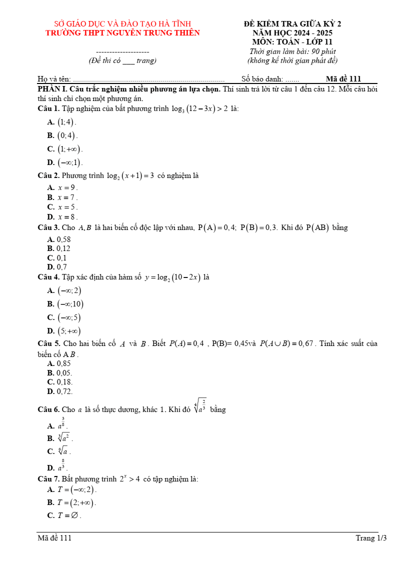 Đề thi Giữa kì 2 Toán 11 trường THPT Nguyễn Trung Thiên (Hà Tĩnh) năm 2024-2025