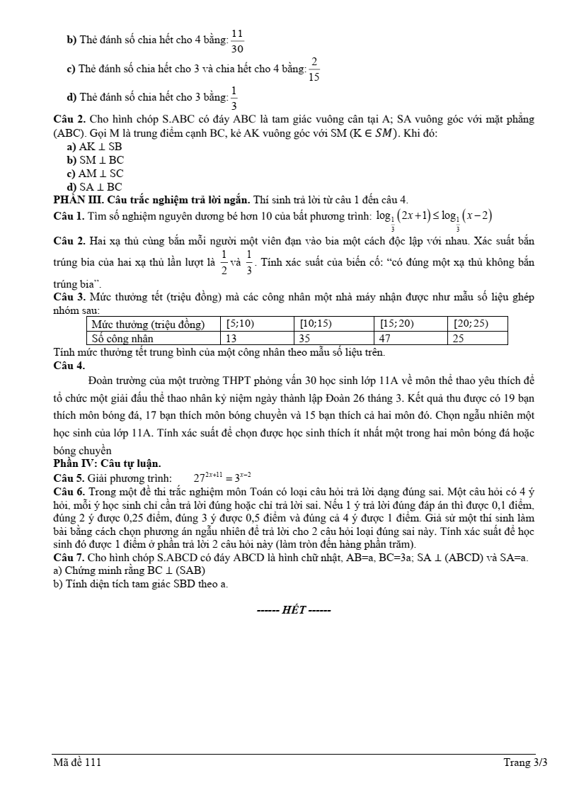 Đề thi Giữa kì 2 Toán 11 trường THPT Nguyễn Trung Thiên (Hà Tĩnh) năm 2024-2025