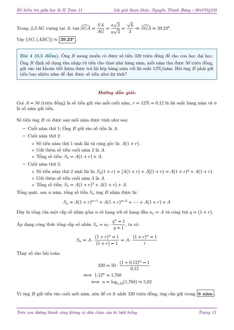 Đề thi Giữa kì 2 Toán 11 trường THPT Phú Mỹ (TP HCM) năm 2025-2026