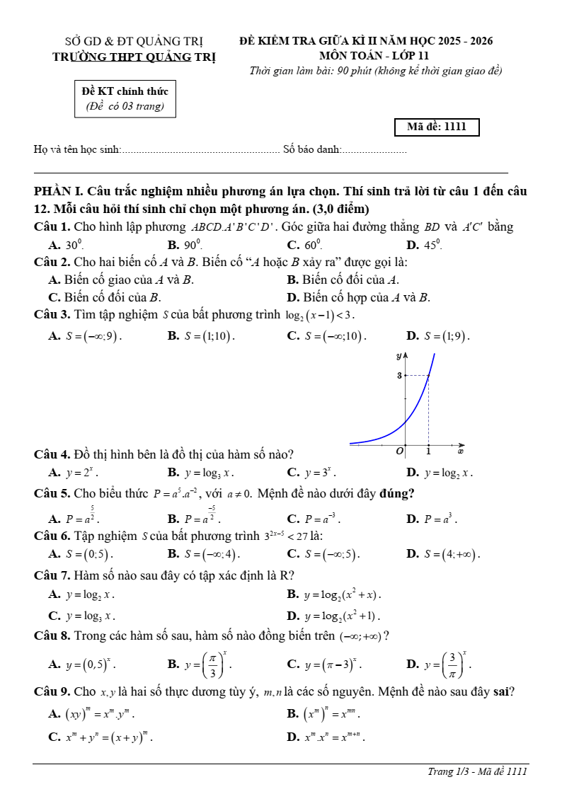 Đề thi Giữa kì 2 Toán 11 trường THPT Quảng Trị (Quảng Trị) năm 2025-2026