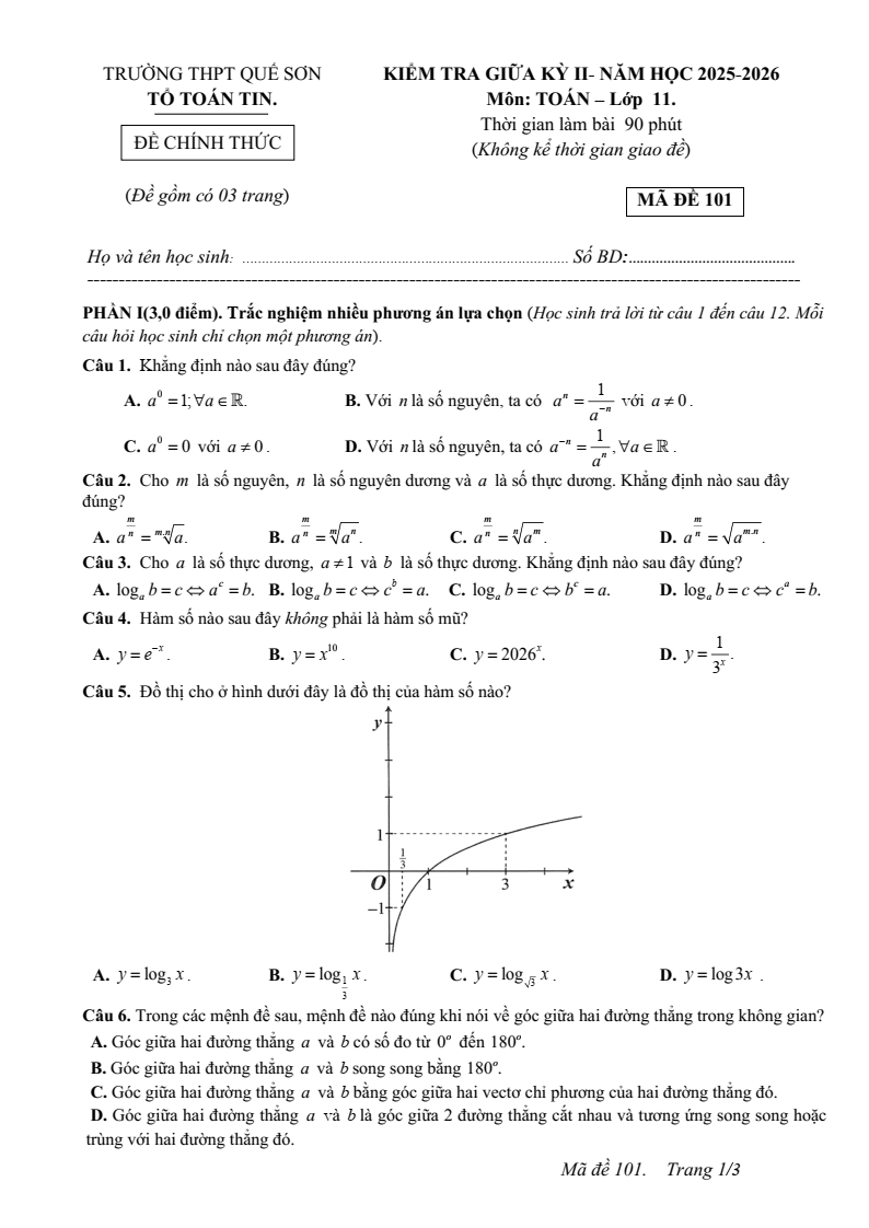 Đề thi Giữa kì 2 Toán 11 trường THPT Quế Sơn (Đà Nẵng) năm 2025-2026